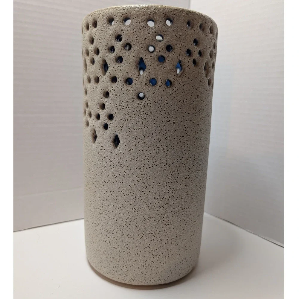 Anthropologie Ceramic Perforated Vase Lantern Candle‎ Holder Blue Cream Glaze